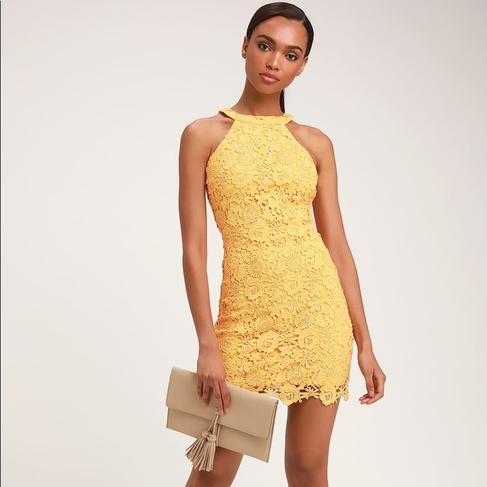 Lulu’s Love Poem Yellow Lace Halter Mini Dress